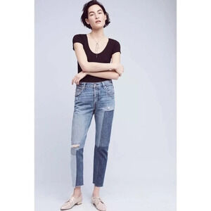 Levi's 501 Color-block Patchwork Ragged Lands Raw Hem Slim Straight Jeans